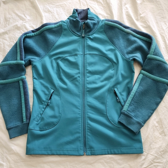 Lululemon Teal Green Women Jacket, 100% Wool Sleeves Soft Shell Jacket, Size 10 - Picture 5 of 13